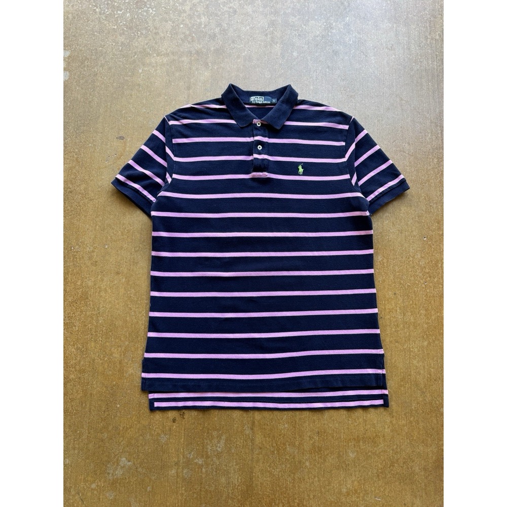 Polo Ralph Lauren Pink & Navy Blue Striped Cotton Polo Shirt Preppy Collegiate L